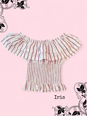 iris Pink and White Striped Off-Shoulder Ruffle Smocked Tank